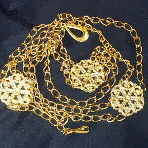 Metal Chain Belt Gold Tone Moghul Ornate Floral Medallions Hook Clasp 38 Inches
